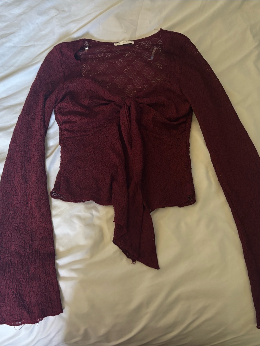 Burgundy Lace Bell-Sleeve Crop Top